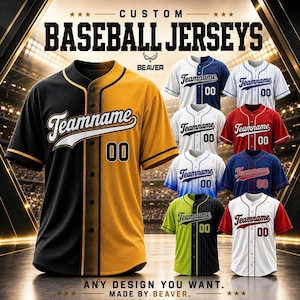 May include: A collection of custom baseball jerseys featuring various colour combinations, including black and gold, white and blue, pinstripes, red, and gradient patterns. Each jersey displays the text Teamname and the number 00 on the front.