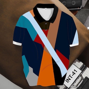 Abstract Geometric Polo Shirt – Color Block Pattern, Modern Art Style, Men’s Casual Polo Tee