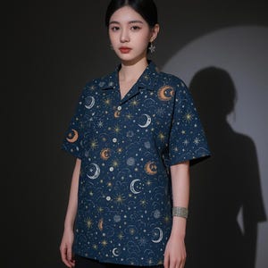 Celestial Sun Moon Stars Shirt – Unisex Navy Hawaiian Button Up, Astrology Cloud Print Boho Top