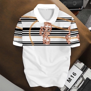 Luxury Geometric Chain Print Polo Shirt for Men, Designer Casual Short Sleeve, Modern Vintage Aesthetic