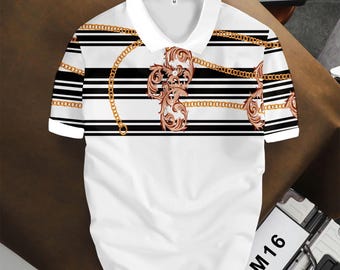 Geometric Chain Print Polo Shirt: Luxury Cotton Blend, Modern Vintage Style