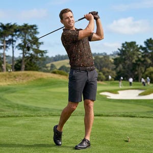 May include: A golfer swings a club on a green golf course. He wears a patterned brown short-sleeve shirt, dark gray shorts, a black belt, and black shoes. The background features trees and other golfers.