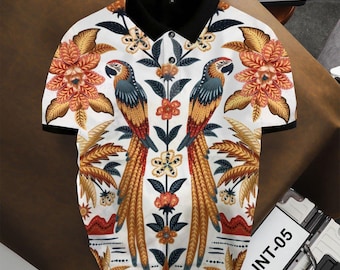 Tropical Parrot & Floral Polo Shirt – Vintage Botanical Print, Casual Resort Style Men’s Polo