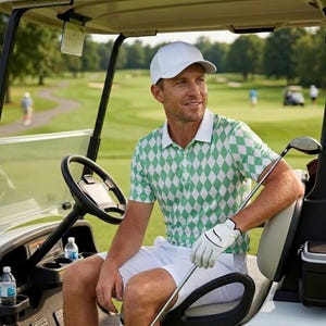 May include: A white baseball cap, a short-sleeved polo shirt with a green and white diamond argyle pattern, and white shorts. The shirt features a collar and a button placket. A white golf glove is worn on one hand, holding a golf club.