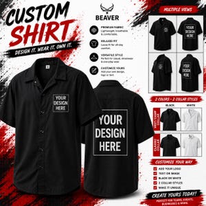 Può includere: Una camicia nera a maniche corte con bottoni, dotata di un'area di stampa quadrata personalizzabile sul petto e una grande area rettangolare sul retro, entrambe con il testo YOUR DESIGN HERE, oltre a informazioni sul prodotto e opzioni di colore.