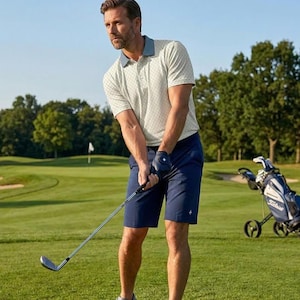 May include: A short-sleeved polo shirt with a light-coloured geometric pattern and a solid blue collar, paired with solid navy blue shorts. The polo features a button-up placket, and the shorts have a small star-shaped logo on the lower left leg.