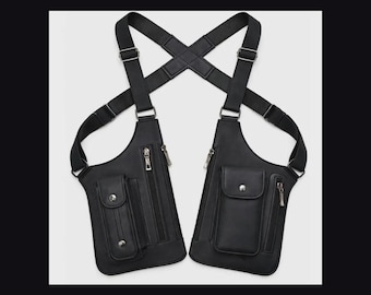 Sac à bandoulière en cuir noir fait main | Sac bandoulière utilitaire réglable pour homme | Pochette tactique pour étui à bandoulière pour moto