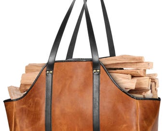Bolsa rústica de cuero para transportar leña / Bolsa resistente para leña / Bolsa duradera de cuero encerado para transportar madera, apta para uso en interiores y exteriores.