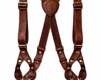 Tirantes de cuero de grano completo hechos a mano para hombre / Tirantes ajustables en forma de Y de color marrón vintage / Tirantes clásicos para bodas y ocasiones informales