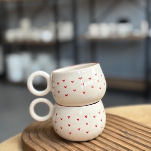 Handmade Ceramic Mug with Red Heart Drawing – Turkish Pottery – Romantic Coffee Cup – Handmadeceramic Gift for Loved Ones