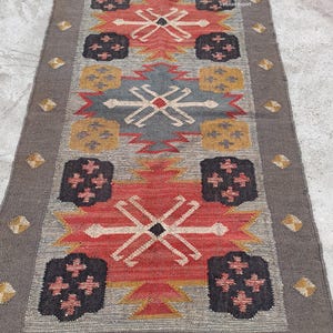 Handwoven Wool Jute Kilim Runner Rug: Vintage Stair & Hallway Decor