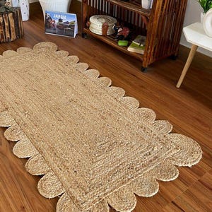 Handwoven Scalloped Jute Area Rug: Natural Fiber, Custom Size