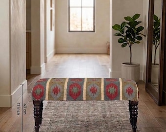 Handmade Wooden Folding Kilim Rug Bench | Boho Entryway Bench | Turkish Kilim Ottoman | Rustic Bohemian Furniture-Custom Size & Color Bench