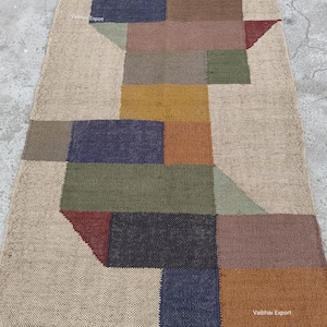 Handwoven Wool Jute Dhurrie Rug: Indian Kilim Style, Vintage Look