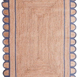 Blue Scalloped Jute Rug, Scallop pattern Rug, Blue border Jute Rug, Hand braided Rug, Area Rug, Handwoven Jute Rug Custom Rug Decorative Rug