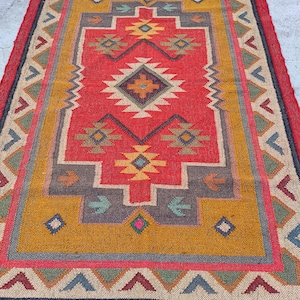 Handwoven Wool Jute Rug: Bohemian Indian Dhurrie Kilim