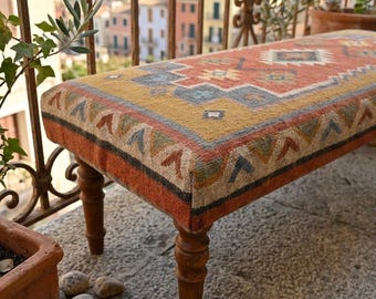 Handmade Wool Jute Bench - Ottoman Wooden Style Decor - Piano Table - Handwoven Kilim Furniture - Rugs For Livingroom, Entryway, Hallway etc