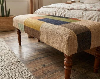 Handmade Wooden Folding Kilim Rug Bench | Geometric Entryway Bench-Trible Kilim Ottoman | Boho Style Furniture-Beige Color Custom Size Bench