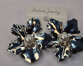 Large Silver Flower Statement Earrings with Pearl Center, 3D Metallic Botanical Studs