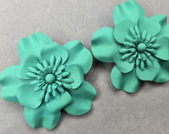 Matte Teal 3D Layered Flower Statement Earrings, Oversized Turquoise Bloom Studs