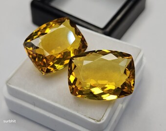 Pair Certified Yellow Citrine Gemstones 19–20 Ct Lab Created Cushion Cut Loose Stones, Matching Citrine Pair for Rings,Jewelry Making