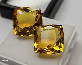 Pair Certified Yellow Citrine Gemstone 16-17 Ct, Lab Created Cushion Cut Loose Stones, Matching Gem Pair for Pendants & Jewelry Making