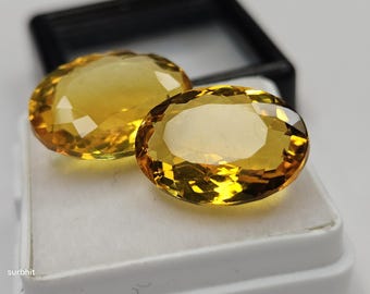 Pair Certified Yellow Citrine Gemstones 16–17 Ct Lab Created Oval Cut Loose Stones, Matching Pair for Earrings, Rings, Pendants & Jewelry