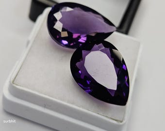 Pair Certified Lab Created Amethyst Pear Cut Gemstones 16-17 Ct, Matching Purple Loose Stone Pair for Jewelry Making, Rings & Pendants