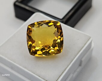 Certified Yellow Citrine Gemstone 8-9 Ct, Lab Created Cushion Cut Loose Stone, Jewelry Making Gem for Ring, Pendant & DIY Gift