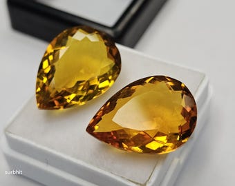 Pair Certified Yellow Citrine Gemstones 18–19 Ct Lab Created Pear Cut Loose Stones, Matching Citrine Pair for Earrings, Pendants & Jewelry