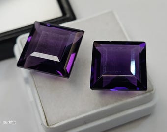 Pair Certified Lab Created Amethyst Princess Cut Gemstones 17-18 Ct, Matching Purple Loose Stone Pair for Jewelry Making, Rings & Pendants