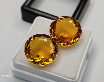 Pair Certified Yellow Citrine Gemstones 15–16 Ct Lab Created Round Cut Loose Stones, Matching Citrine Pair for Rings, Pendants