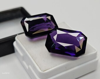 Pair Certified Lab Created Amethyst Radiant Cut Gemstones 20-21 Ct, Matching Purple Loose Stone Pair for Jewelry Making, Rings & Pendants