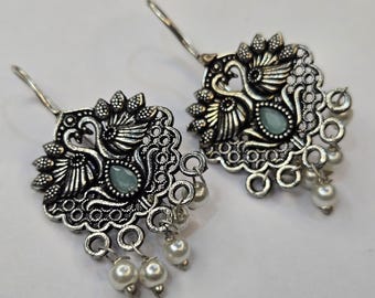 Oxidized Silver Peacock Earrings, Pearl Dangle, Indian Inspired Jewelry