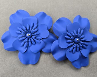 Matte Cobalt Blue 3D Flower Statement Earrings, Large Botanical Bloom Studs
