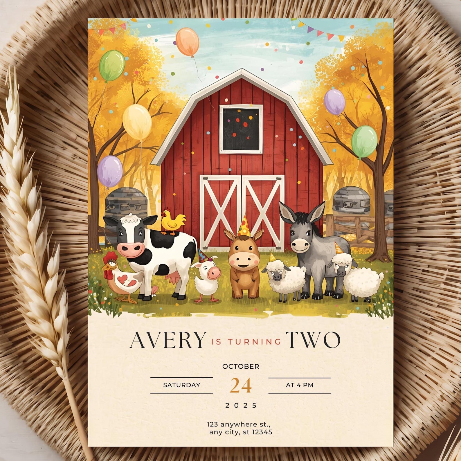 Farm Animals Baby 2nd Birthday Invitation, Editable Canva Barn Animals ...