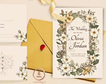 Puede incluir: Conjunto de invitaciones de boda con diseños florales y el texto "The Wedding" con los nombres "Olivia y Jordan". Incluye tarjeta RSVP, invitación y sobre con sello rojo. La fecha es el 15 de junio de 2026, a las 8 AM.