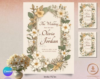 Puede incluir: Invitación de boda con ilustraciones florales. El diseño incluye el texto "The Wedding", "Olivia and Jordan" y los detalles del evento. La invitación está rodeada por un borde floral con flores blancas y amarillas. El tamaño es de 12,7 x 17,8 cm.