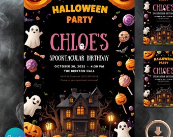 May include: A black Halloween party invitation with the text "Halloween Party" and "Chloe's Spooktacular Birthday." The design includes pumpkins, ghosts, and a haunted house illustration. The invitation is 5x7 inches.