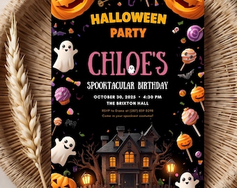 May include: A Halloween party invitation with the text "HALLOWEEN PARTY" and "CHLOE'S SPOOKTACULAR BIRTHDAY". The invitation features illustrations of pumpkins, ghosts, and a haunted house on a black background. The date and time are also included.