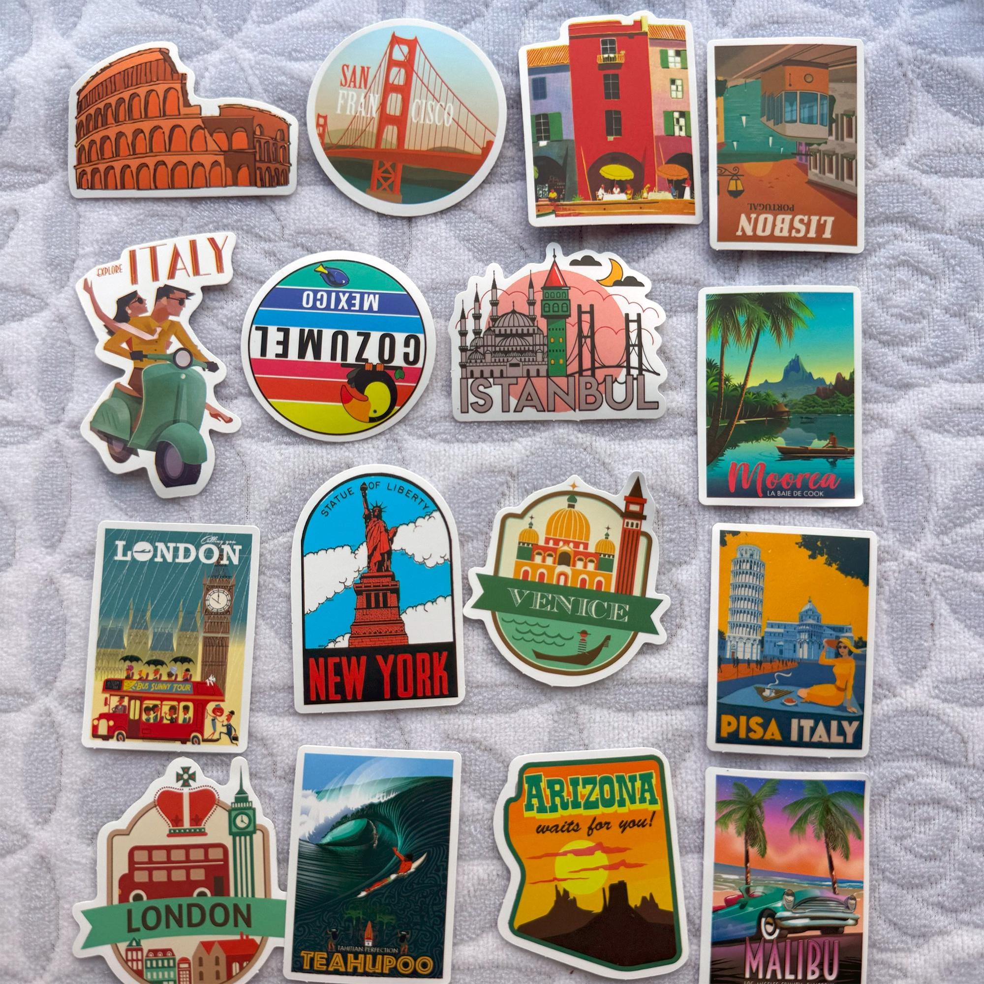 Vintage Travel Sticker Pack - 50 Stück Retro Ziel Aufkleber für Journale, Laptops, Wasserflaschen, ästhetisches Geschenk für Reiseliebhaber