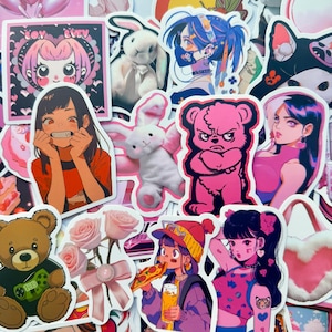 50PCS Y2K Aesthetic Stickers Pack – Cute Anime Girl, Hearts, Teddy Bear, Vaporwave Vinyl Waterproof Decals for Laptop Water Bottle