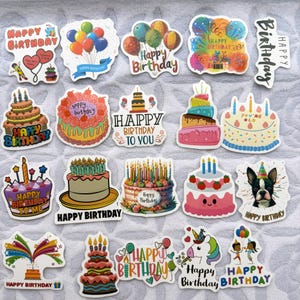 50 Stück Happy Birthday Sticker Pack | Wasserdichte Vinyl-Geburtstagskuchen-Ballon-Abziehbilder für Gastgeschenke, Gästebuch, Geschenktüten, Karten, Kinder