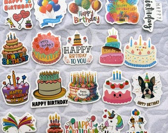 50pcs Happy Birthday Stickers Pack | Waterproof Vinyl Birthday Cake Balloon Decals for Party Favors, Scrapbook, Gift Bags, Cards, Kids