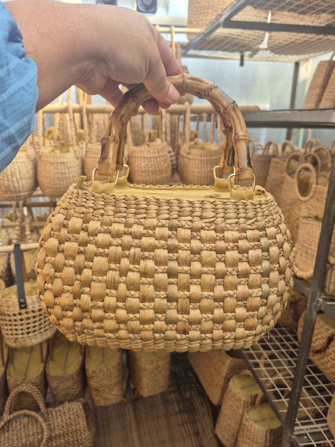 Handwoven Water Hyacinth Purse With Bamboo Handles | Thai Artisan Bag ...