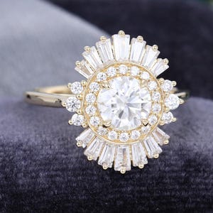 Sunburst Halo Engagement Ring, 1.0 CT Round Moissanite Diamond Wedding Ring, 14K Yellow Gold Bridal Anniversary Gift, Art Deco Vintage Ring