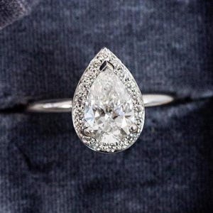 Pear Engagement Ring, Pear Moissanite Ring, Halo Engagement Ring, 14K White Gold Ring, Proposal Ring, Dainty Bridal Ring, Anniversary Gift
