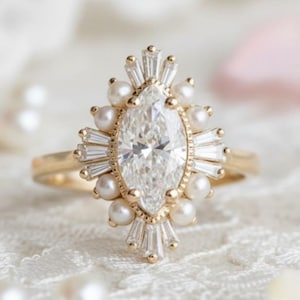 Art Deco Vintage Engagement Ring 14K Yellow Gold Marquise Moissanite Starburst Halo Wedding Ring Baguette & Pearl Diamond Anniversary Ring