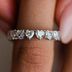 Heart Shape Moissanite Full Eternity Wedding Band 14K White Gold Unique Stacking Engagement Ring Bridal Matching Band Set Anniversary Gift