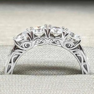 1890s Art Deco Style Vintage Engagement Ring, 14K White Gold Round Moissanite Filigree Wedding Band, Handmade Ring, Antique Anniversary Gift